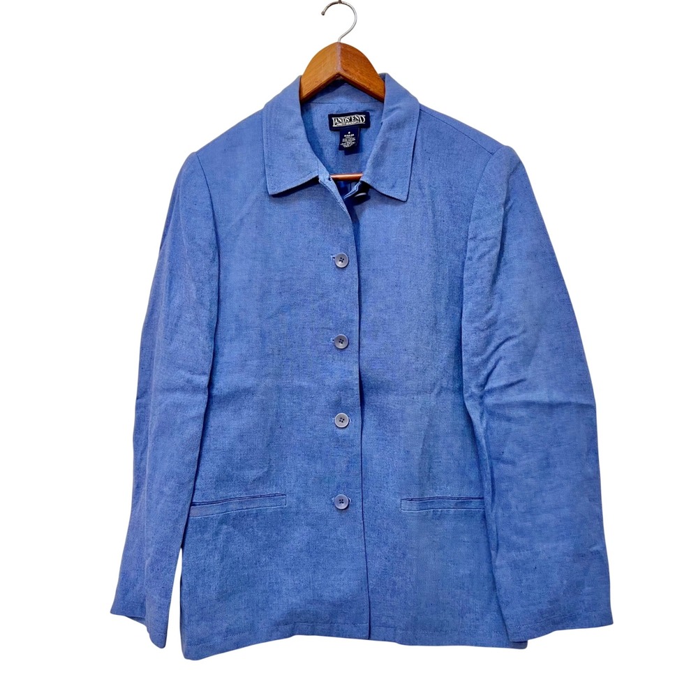 Lands End Women Linen Rayon Blend Blazer Blue Size 8 Coastal Preppy Quiet Luxury